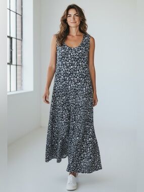 California Krush Vintage Rayon Blue White  Floral Maxi Dress Boho size 1 X